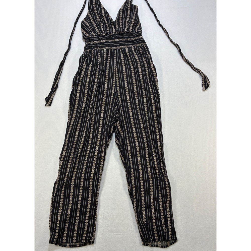 American Eagle Floral Stripe Halter Jumpsuit Womens Boho Smocked Waist M Black